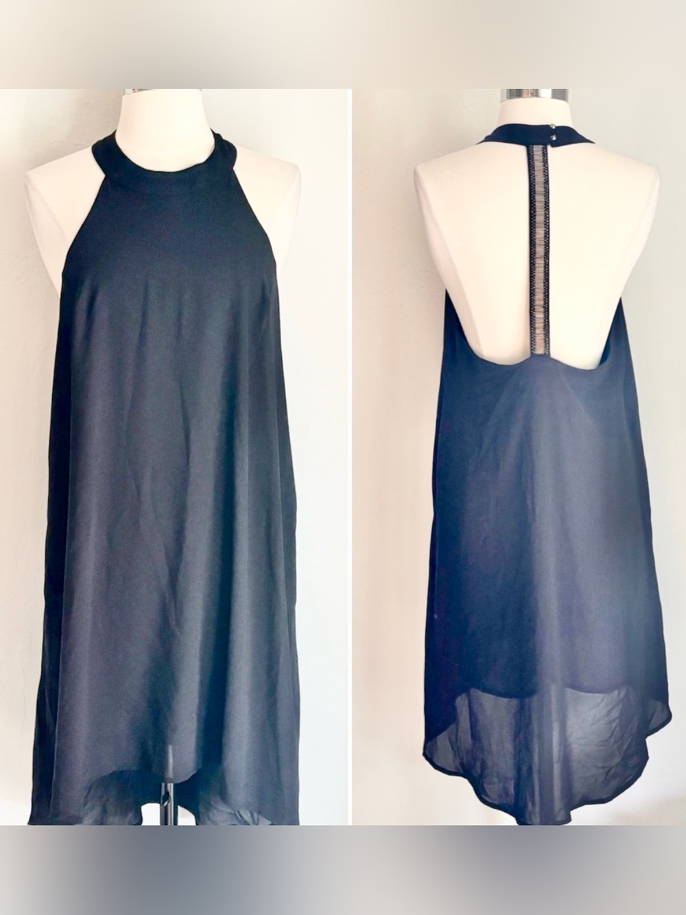 ASTR the Label Chiffon Halter Neck Mini Dress  Beaded T-back Strap, Black M, NWT